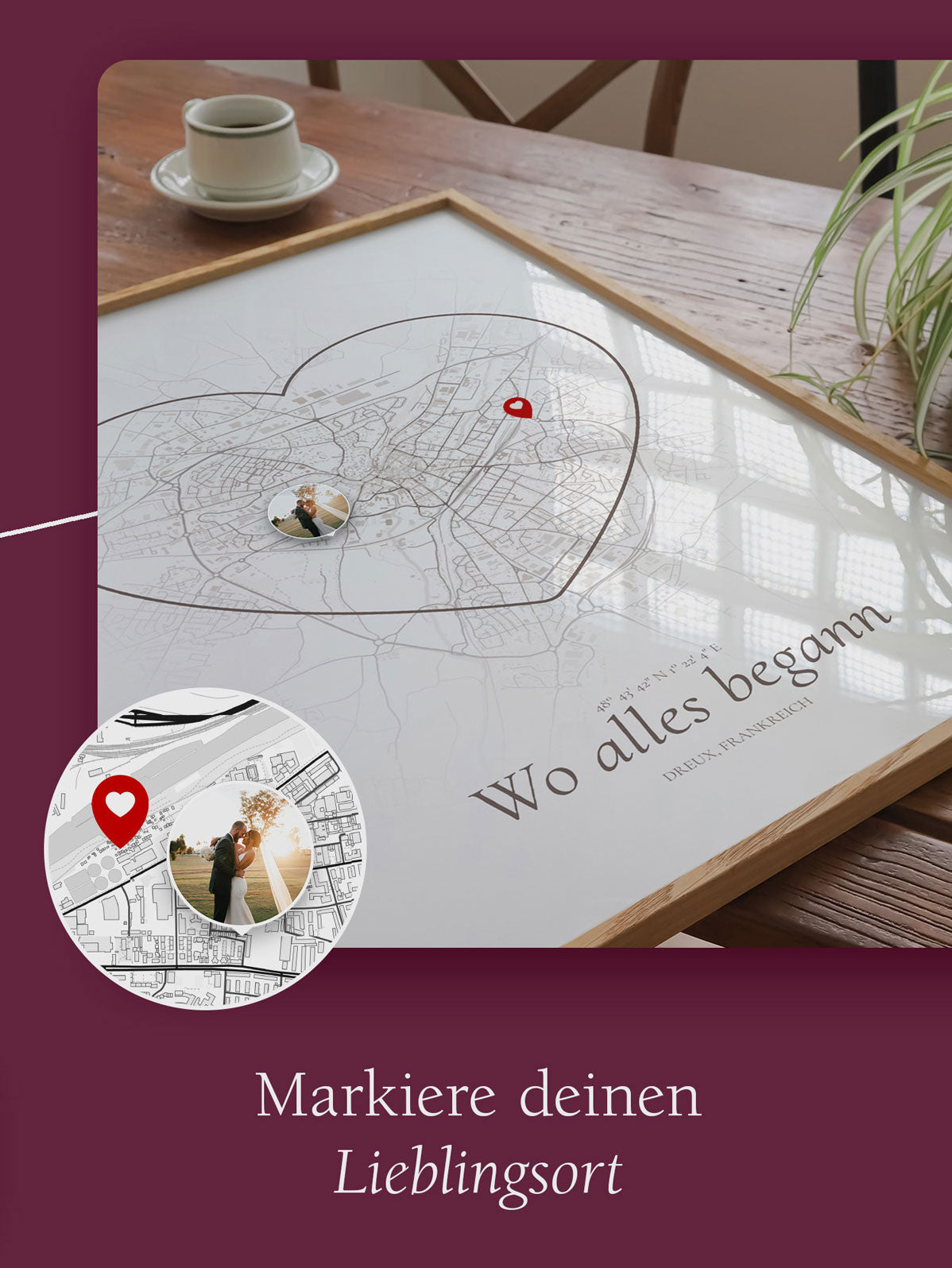 Personalisierte Stadtkarte mit Herz und Lieblingsort-Markierung – individuelles Stadtposter mit persönlichem Highlight und Wunschtext als besondere Erinnerung