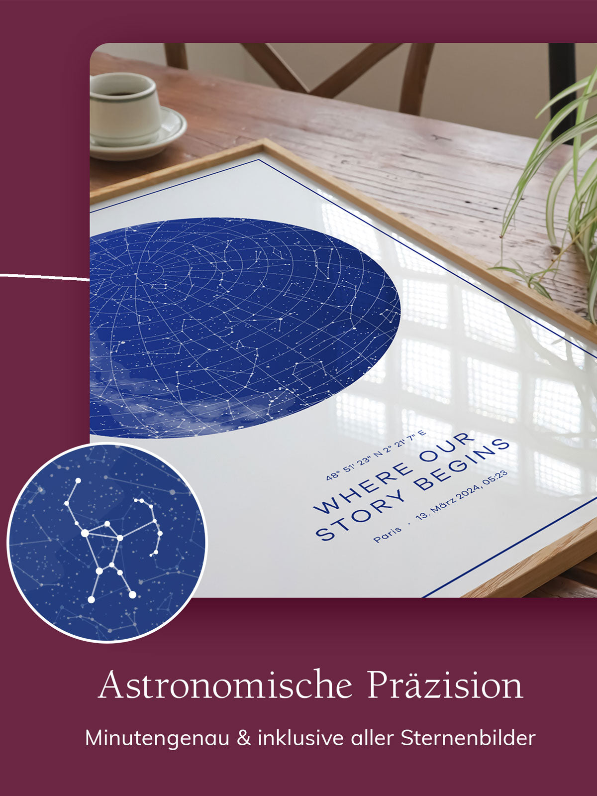 Personalisierte Sternenkarte in Blau mit exakter Himmelsdarstellung für ein beliebiges Datum und einen Ort deiner Wahl – detailgetreu mit allen Sternbildern und minutengenauer astronomischer Berechnung.